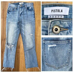 PISTOLA BOOTCUT JEANS WOMEN’S sz 25 Mid Rise Destructed Frayed Hem Denim